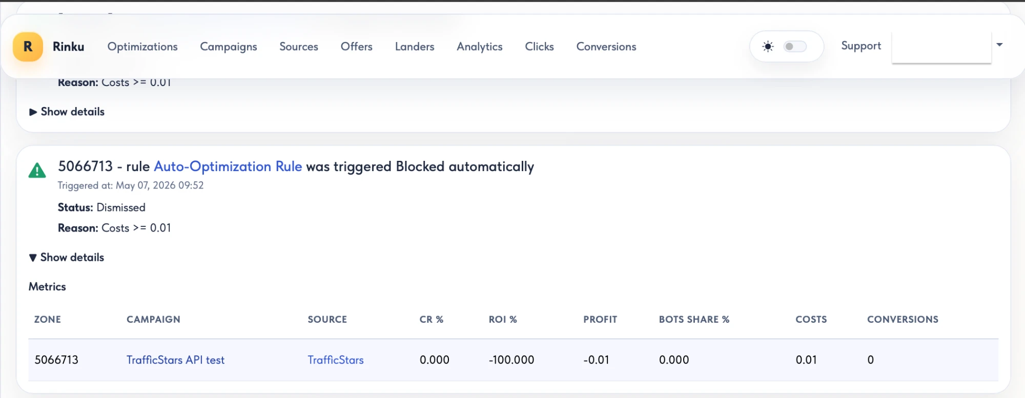 Rinku alert for zone 5066713: rule triggered and zone blocked automatically, with a metrics snapshot showing costs, ROI, profit and conversions