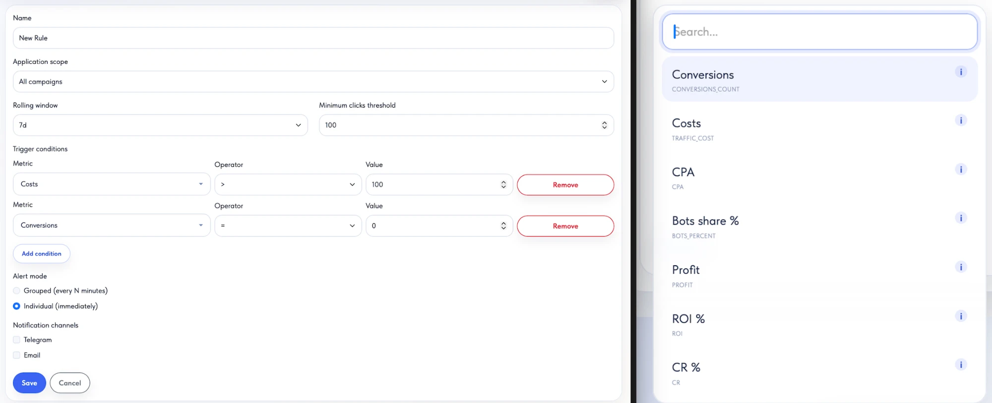 Rinku rule editor: rolling window, minimum clicks threshold, trigger conditions on Costs and Conversions, alert mode, and the list of available metrics