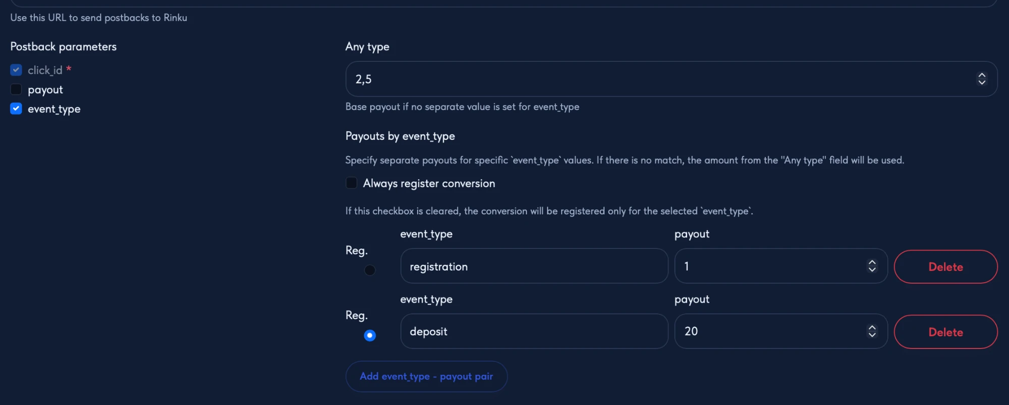 Rinku offer postback settings: event_type enabled, base payout for any type, payouts by event type for registration and deposit, with the deposit selected as the counted conversion