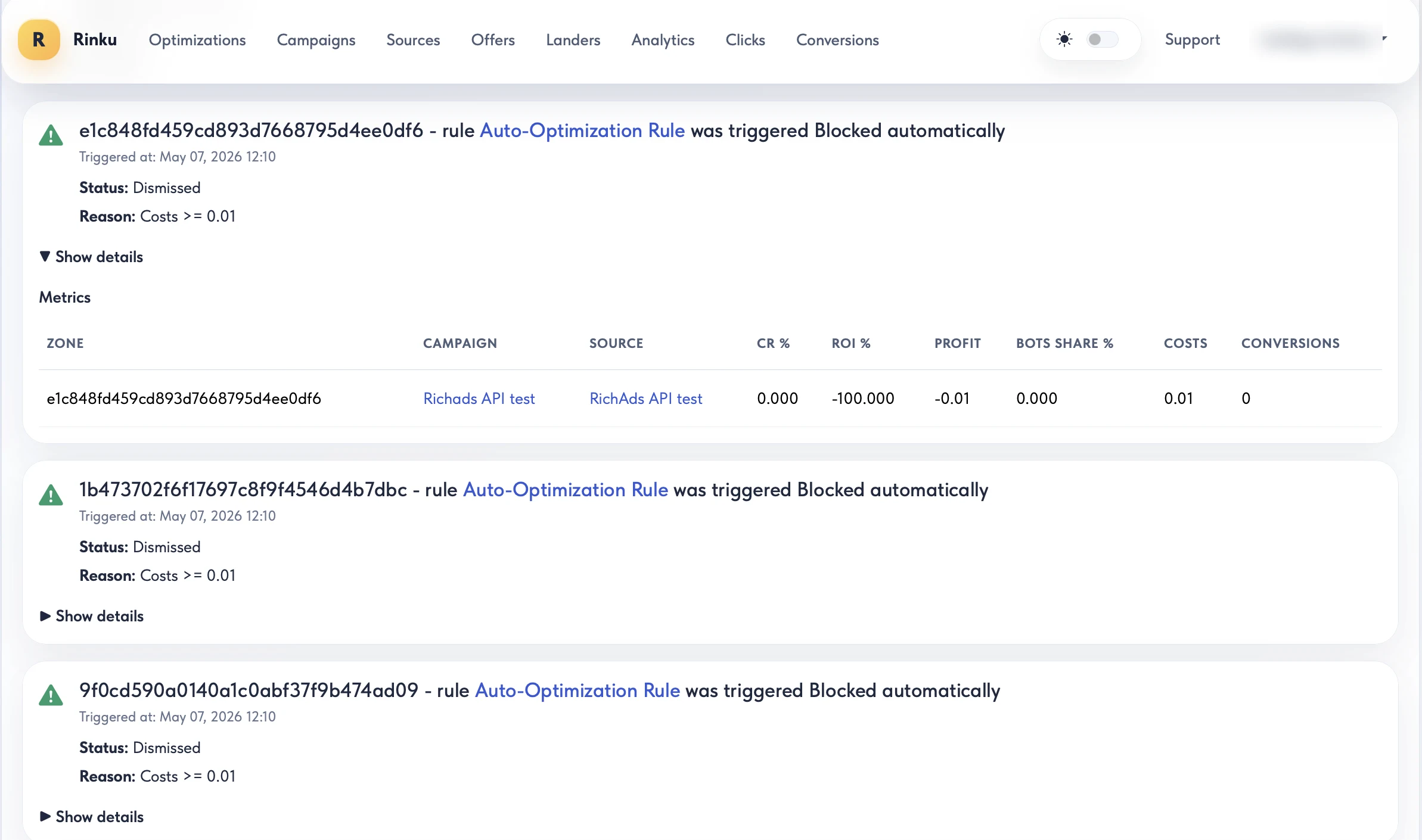 Rinku alerts list showing zones blocked automatically by an optimization rule, with zone-level metrics