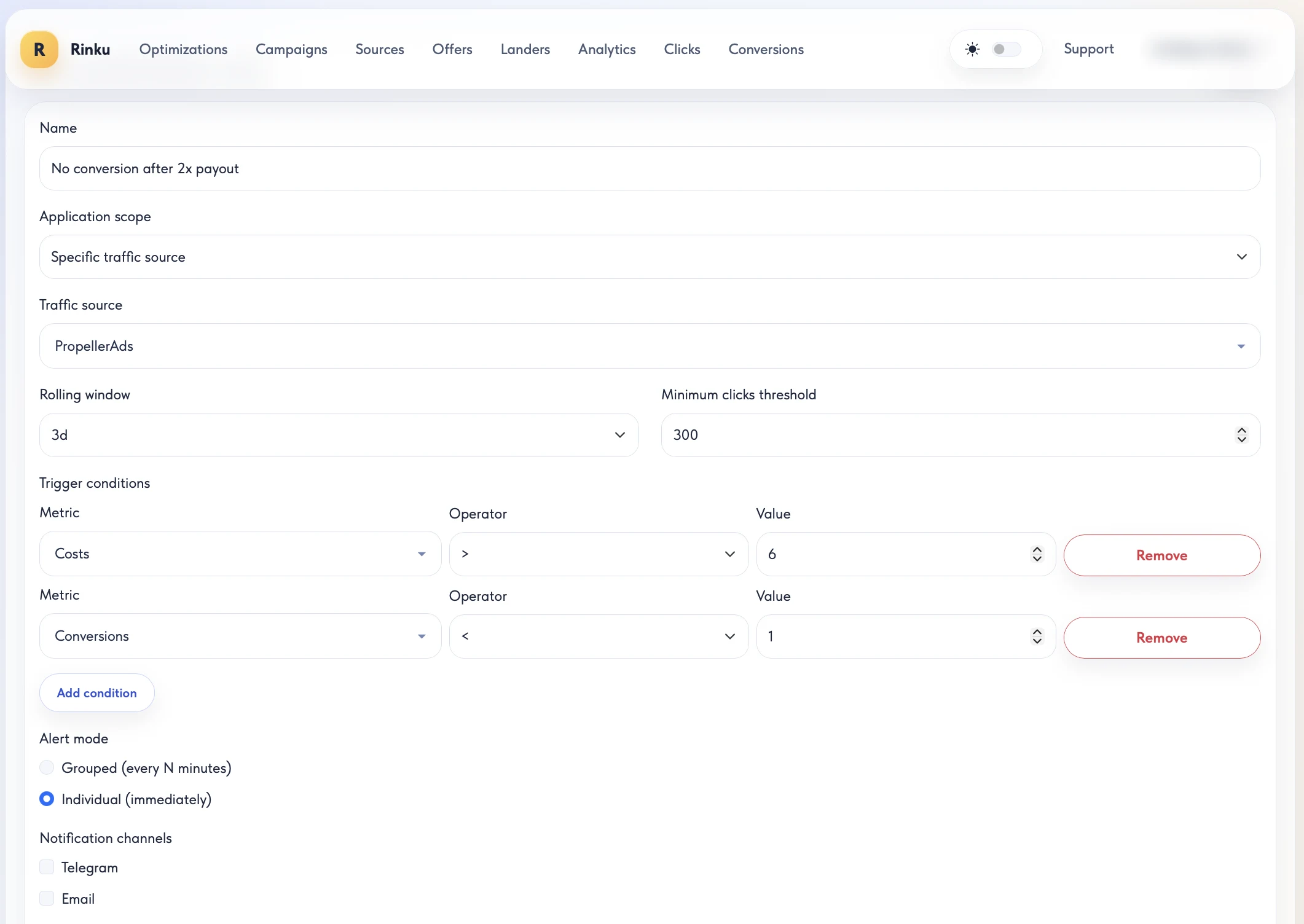 Rinku optimization rule: PropellerAds source, 3-day window, 300 minimum clicks, cost above $6 and no conversions